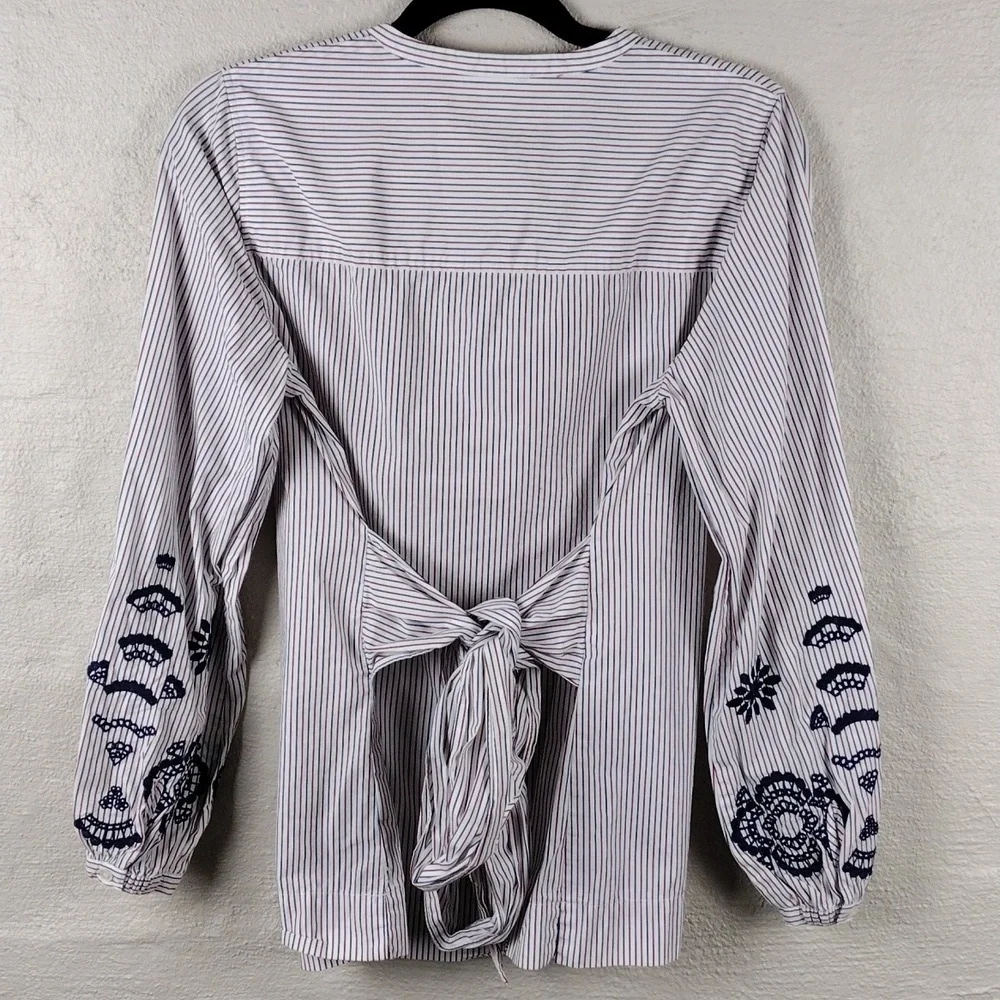 J. Crew Red White Blue Pinstripe Floral Button V-Neck Long Sleeve Tunic …